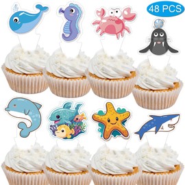 CupaPlay 48PCS Ocean Animals Cupcake Topper -Sea Themed Party Supplies Decorations Baby Shower Anniversary Party Wedding Birthday Party Favors