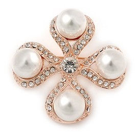 Avalaya Vintage Inspired White Glass Pearl Crystal Cross Brooch in Rose Gold Metal - 45mm