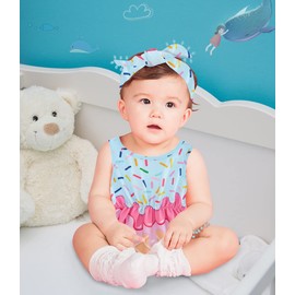 Baby Girls Blue Ice Cream Bodysuits 3D Floral Print Pink Waffles One Pieces for Infants Lightweight Elastic Waist One Piece Rompers With Headband 1 Years Toddler Boys Wedding Clothing, 6-12 Months