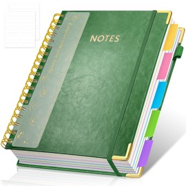 Hardcover Spiral Notebook Journal, 8"x10" Large B5 Notebooks with Removable Dividers Tabs, 300 Pages Leather 5 Subject Notebook College Ruled, Journal for Work School Note, 100 GSM Thick Paper,Green.