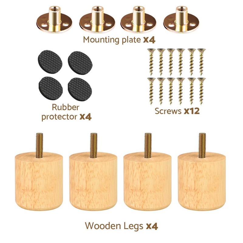 Btowin 2 inch Solid Wood Furniture Legs, 4Pcs Modern Round