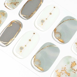 Danni & Toni ref.2273 Press-On Gel Nails, Cure to Apply, for Hands, Long-Lasting, Odorless, Waterproof, SGS Certified, Safe, Peel Away, Tools Included, 28 Nails, Gold/White/Gray (Stormy Seas)