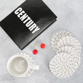 Coasters for Drinks, Vintage Woven Coasters for Table Protection, Water Absorbent Coaster Set, Handmade Braided Fabric Coasters Heat-Resistant (White + Grey Dots, 6)