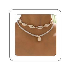Bethynas Layered Seashell Pendant Choker Necklace Boho Conch Rainbow Bead Surfer Neck Chain Summer Beach Hawaiian Cowrie Rope Neck Jewelry for Women (Seashell - 1)