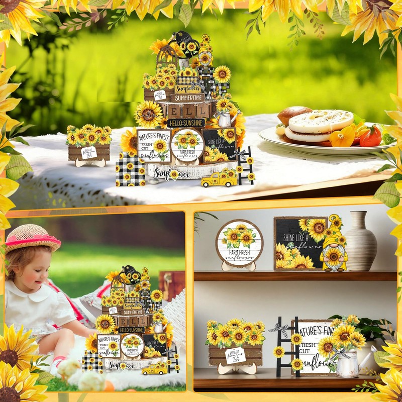 23 Pcs Sunflower Tiered Tray Decor Set Farmhouse Summer Decor