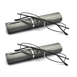 EYE ZOOM 2 Pack Ultra Slim Compact Lightweight Tube Reading Glasses with Portable Clip Aluminum Case, Gunmetal Strength +1.00
