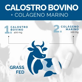 Calostro Bovino 1000 Mg Grass Fed Libre de Pastoreo Colostrum + Colageno hidrolizado Marino - Vitaminas Mujer / Hombre | 120 Capsulas