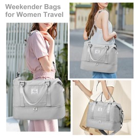 Travel Duffel Bag, Sports Gym Tote Bag for Women, Carry on Luggage Bag for Airplanes, Lightweight Weekender Overnight Shoulder Bag Waterproof Beach Hospital Bag with Shoes Compartment,A8-Light Grey