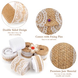 13 Rolls Jute Ribbon Lace Ribbon, 8 m Jute Ribbon with Lace + 15 m White Lace Ribbon + 10 m Natural Jute Ribbon, Vintage Jute Decorative Ribbon with Lace 20 m Jute Cord for Gift Wrapping Crafts