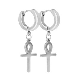 ANTI-TARNISH Stainless Steel Ankh Cross Dangle Hinged Hoop Earrings Huggie Earrings Egyptian Cross Drop Dangle Earrings (Silver, Gold, Black)