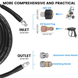 25FT Sewer Jetter Kit for Pressure Washer, 5800 PSI Water Jet Drain Cleaner Hose Corner Rotating Button Nose Sewer Jetting Nozzle 1/4 Inch NPT, Sewer Jetter Nozzles Kit with Spanner Handle Strap