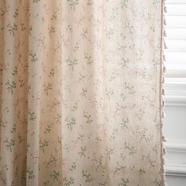 JOOJA Floral Boho Curtains, 2 Panels Semi-Blackout Vintage Window Drapes for Living Room, 63 Inches Long Floral Patterned Farmhouse Curtains, Rod Pocket Beige Curtains with Tassels for Bedroom 59x63