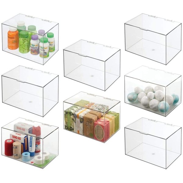 mDesign Bathroom Plastic Stackable Storage Display Container Box with Hinged Lid - Cabinet, Vanity Organizer for Toiletries, Makeup, First Aid, Hair Accessories, 6.5" High, 8 Pack - Clear