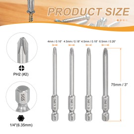 HARFINGTON 4pcs #2 Phillips Screwdriver Bit PH2 1/4" Hex Shank 3" (75mm) Long 0.16/0.18/0.18/0.26" Rod Magnetic Cross Head Drill Bits S2 Steel Industrial Screw Driver for Drills