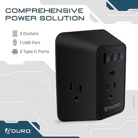 Aduro - Extensor de enchufe múltiple con protector de sobretensión, color negro - Cargador de pared con adaptador 3 tomacorrientes, 1 USB y 2 puertos de carga tipo C - para viajes en casa, oficina,