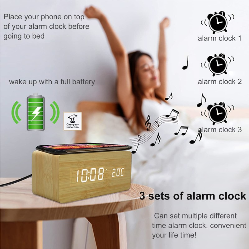 Buachois Wooden Digital Alarm Clock, Alarm Clock with Wireless Charging