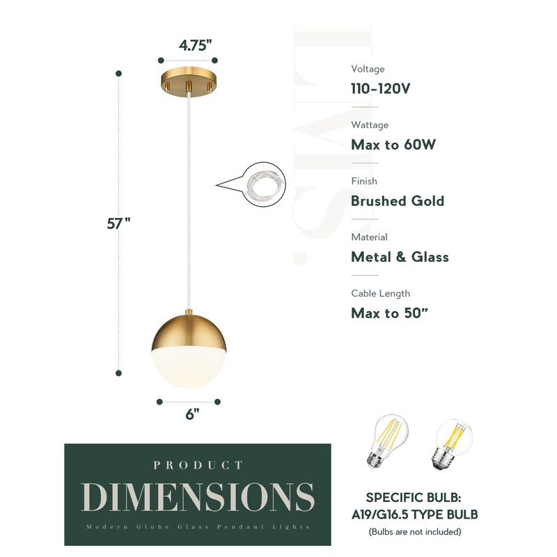 LMS 6-inch Brushed Gold Pendant Light Fixtures, Mid Century Pendant