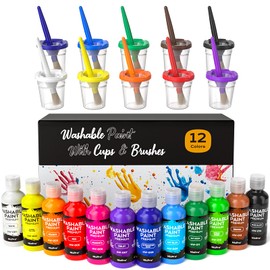 Nicpro Washable Paint for Kids with Painting Brushes and Cups, 12 Vibrant Colors(2 oz), Safe Non Toxic Tempera Finger Paint for Toddlers, Preschool Learning, Home School Children Art Painting Supplies