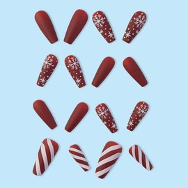 Christmas Press on Nails Long Coffin Fake Nails Acrylic False Nails with Snowflake Design Red Matte Artificial Glue on Nails Full Cover Winter Xmas Stick on Nails for Women Christmas Nails Art,24Pcs