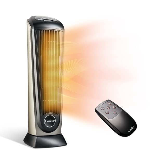 Lasko Oscillating Ceramic Tower Space Heater for Home with Adjustable Thermostat, Timer and Remote Control, 22.5 Inches, Grey/Black, 1500W, 751320
