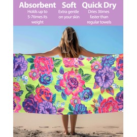 Microfiber Beach Towels, Double-Sided 71"X32" Large, Thin, Lightweight, Sand Free, Quick Dry Beach Towel, Absorbent, Compact, Swimming Pool, Camping, Beach, Travel, Carry Bag, Floral (Happy Garden)