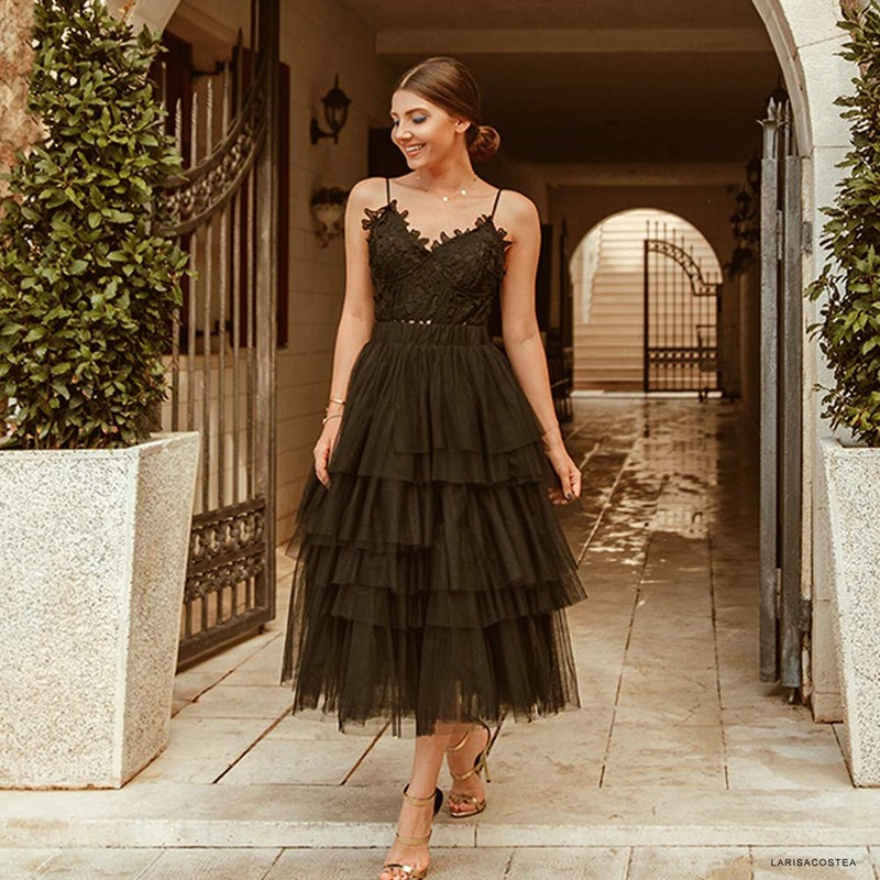 CHICWISH Women's Black Tiered Layered Mesh Ballet Prom Party Tulle