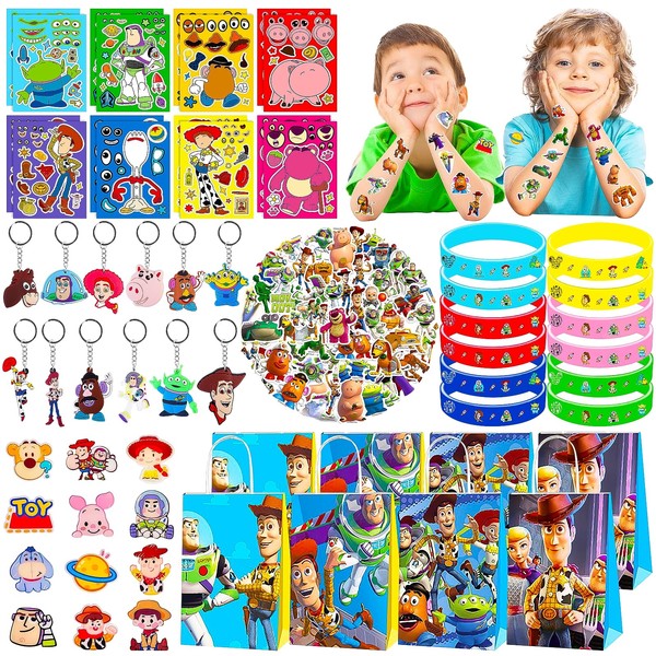 Pack of 110 Toy Inspired Stories Gift Bags 12 Gift Bags + DIY Stickers + Key Chain + Bracelets + Badges + Stickers for Boys Theme Birthday Party Favours