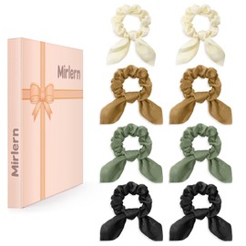 Mirlern 8-Piece Bows Satin Hair Scrunchies for Women and Girls, Bunny Ears Elastic Hair Ties No Damage Ribbon Ponytail Holders Hair Accessories(Coffee Theme)