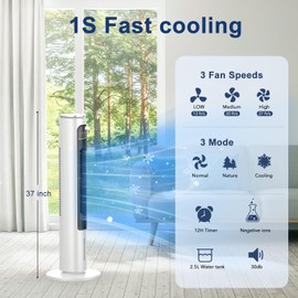 Windowless Portable Air Conditioner Ac Unit with Remote,37” Evaporative Air Cooler,Swamp Cooler for 4 Modes, 12H Timer, Removable Water Tank,Ice Packs,CoolingTower Fan room,Outdoor,Indoor