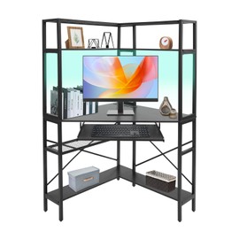WUPYI Corner Desk with Hutch Computer Desk with LED Lights & Power Outlets,Small Triangle Corner Gaming Desk with Keyboard Tray for Small Space,Home Office (Black)