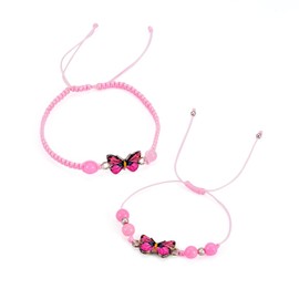 Elecrelive 2 pcs Butterfly Friendship Bracelet for Women Adjustable Braided Rope Butterfly Bracelet Handmade Braided Bracelet with Alloy Butterfly Charms Crystal Beads for Best Friends Sister (Pink),