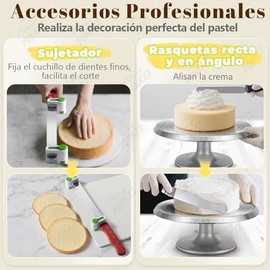 Soporte Giratorio para Pasteles de Metal Aluminio de 12",Kit de 69 piezas incluido, Base para Pastel, Kit de Decoración de Pasteles, Repostería (Plateado)