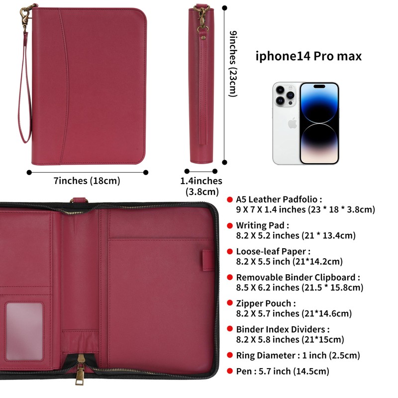 WASON Portfolio A5 Binder Journal with Zipper - Leather pu