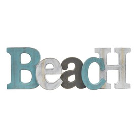 Linfevisi Wooden Beach Sign Aqua Hanging Block Letters Sign Rustic Freestanding Wood Word Decor Decorative Beach Table Sign Cutout Word Art Wall Decor (beach)