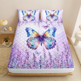 Violet Lavender Butterfly Twin Size Fitted Mattress Pad,Waterproof Fitted Sheet Set，Bedding Quilted Noiseless Mattress Protector Stretches up to 15 Inches Deep,Breathable Bed Mattress Cover