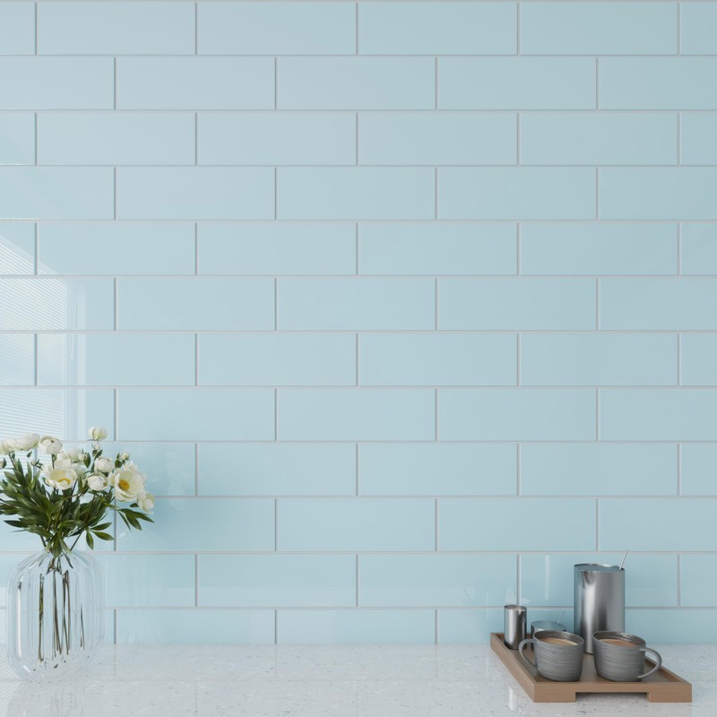 Giorbello Glass Subway Backsplash Tile, 4x4, Morning Sky Blue, Sample