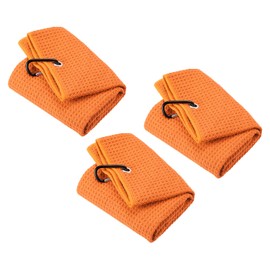 PATIKIL 30x30cm Tri-Fold Golf Towel 3 Pack Waffle Pattern Towel Soft Fiber Strong Absorption with D-Clip for Golf Enthusiasts Orange