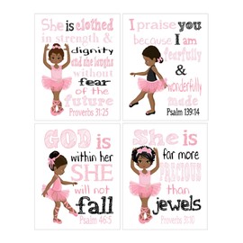 African American Ballerinas in Pink Christian Nursery Decor Set of 4 Unframed Prints with Bible Verses