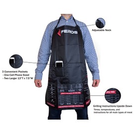 FEROS Cheat Sheet BBQ Aprons - grill times and temperatures printed upside down! Waterproof black apron with white lining - 3 set pockets on front for convenient grilling, cooking, and kitchen chef