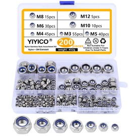 YIYICO Self-Locking Nuts Assortment Hex Nuts Locking Nuts 200 Pieces M3 M4 M5 M6 M8 M10 M12 Lock Nuts Stainless Steel Nut Set