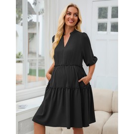 Angashion Women's Maternity Nursing Dress: Hidden Zipper Breastfeeding Dress with Pockets Dark Black Large