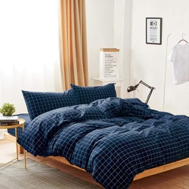 Wake In Cloud - Navy Grid Duvet Cover Set, 100% Washed Cotton Bedding, Navy Blue with White Grid Plaid Geometric Pattern Printed, with Zipper Closure (3pcs, Twin Size)