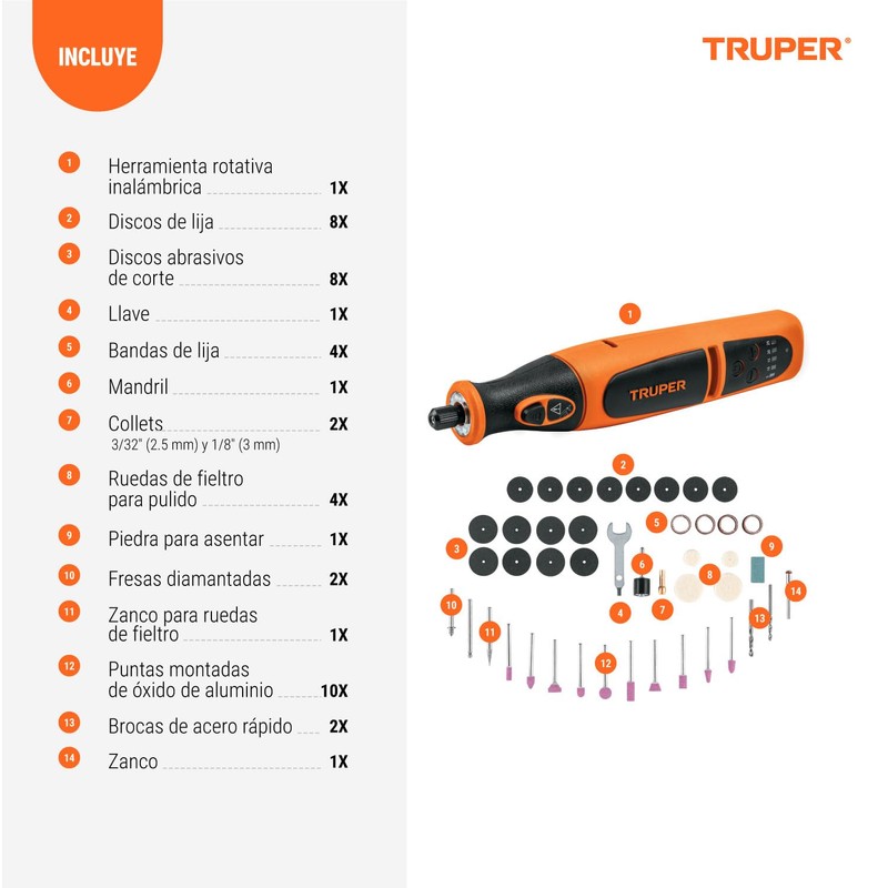 Truper MOTO-AI Herramienta rotativa inalámbrica 7.2 V profesional con 45