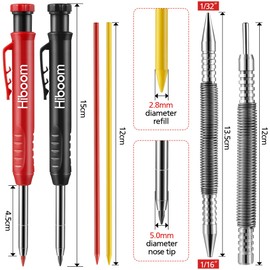 Hiboom Spring Nail Set and Hinge Pin Removal Tool, 2 Pcs Carpenter Pencil with Sharpener, Mechanical Carpenter Pencil Set with 12 Pcs Refills, Dual Head Spring Loaded Nail Set for Construction/Metal