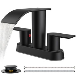 FORIOUS Black Waterfall Bathroom Faucets for Sink 2 Hole or 3 Hole, 4 Inch Centerset Bathroom Sink Faucet with Metal Pop up Drain and cUPC Hose for Basin,Vanity, Rv, Two Handles, 15-Min Install