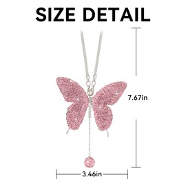 Couslcd Bling Butterfly Diamond Car Accessories, Crystal Car Rear View Mirror Charms for Women, Car Decoration Lucky Hanging Interior Crystal Ornament Pendant Decor for All Cars (Pink)