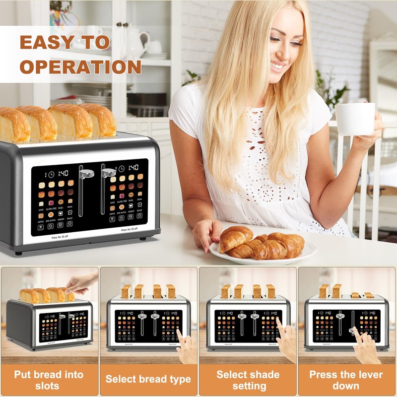 4 Slice Toaster Touch Screen, Stainless Steel Toasters Digital Timer,