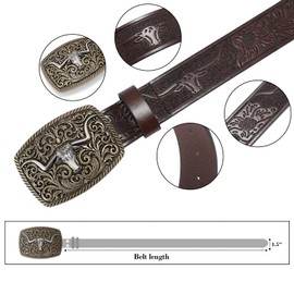SENDEFN Western Cowboy Belt for Men Women Longhorn Bull Buckle Belts Floral Engraved Embossed Pattern 1.5" Wide for Jeans