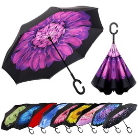 MRTLLOA 40/49/56 Inch Oversize Windproof Inverted Reverse Upside Down Umbrella, Golf Size Rain Umbrella, Double Layer, C-Shaped Handle for Men, Women and Kids (Purple Flower, 49 Inch)