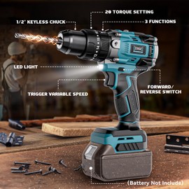 DIYtoolifz Cordless Power Drill Compatible with Makita 18v Battery: 3 Modes Electric Power Drill Kit Tool,1/2 Inch Keyless Chuck Cordless Impact Drills Set,Variable Speed for Home,Garden(No Battery)